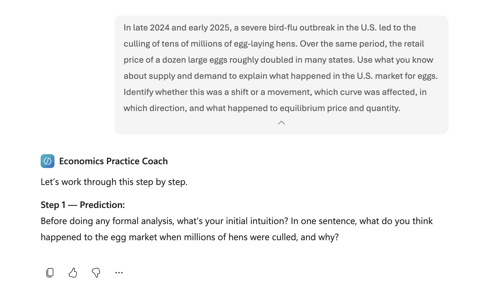 A Coach session: a student gives a wrong prediction and the Coach steers them to the correct answer without giving it away.